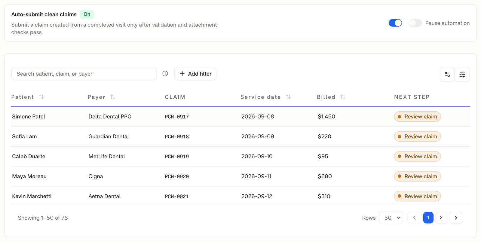Claim counts for draft, open, and waiting to send, the auto-submit switch on, and a review step on each claim.