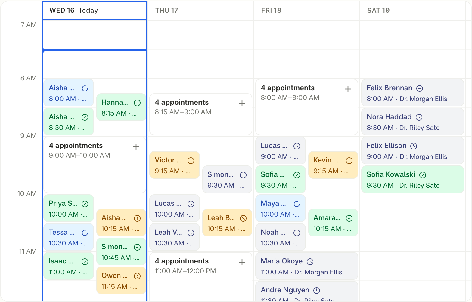 Today and the next three days on the schedule, each appointment carrying its verification status